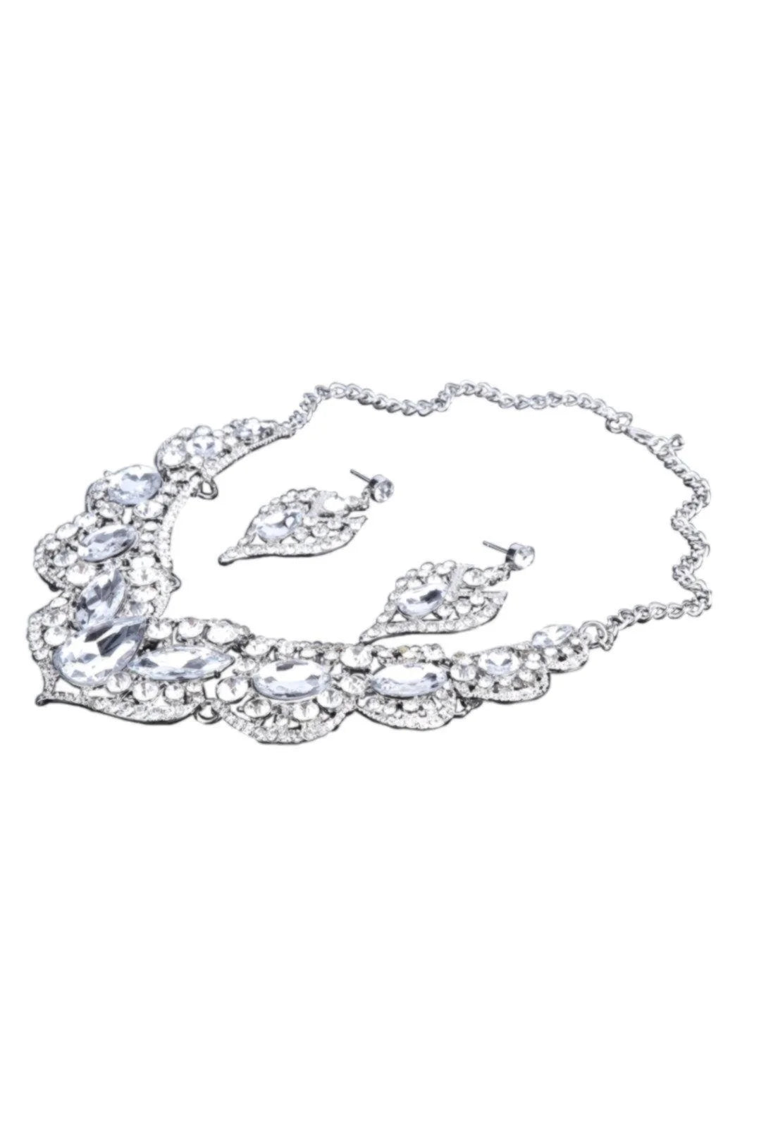 Conjunto Brinco e Colar Festa Liage Pedraria Pedras Cristais Strass Branco e Metal Prata