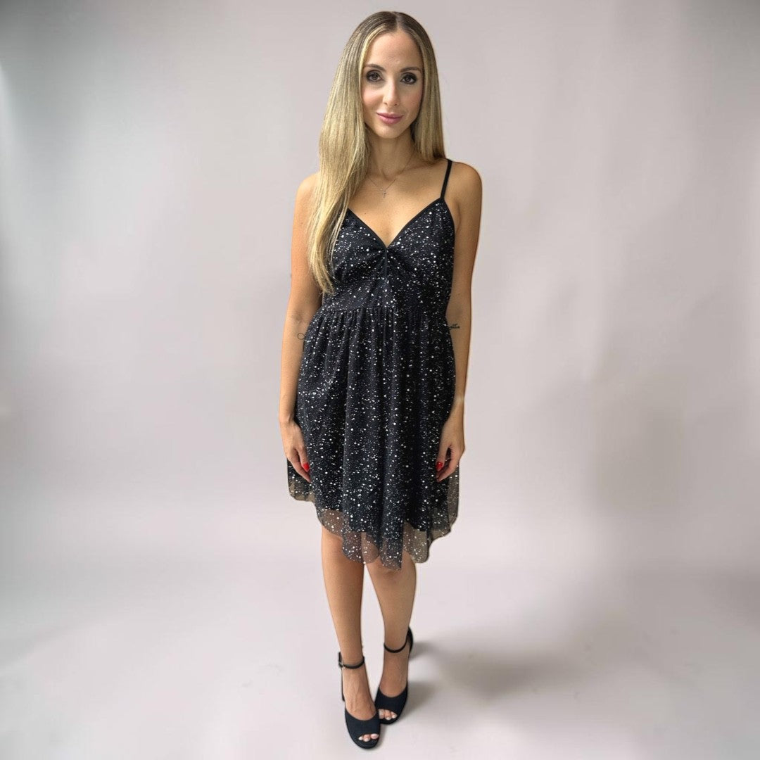 Vestido Liage Festa Curto Brilho Alça Alcinha Estampado Rodado Preto Prata