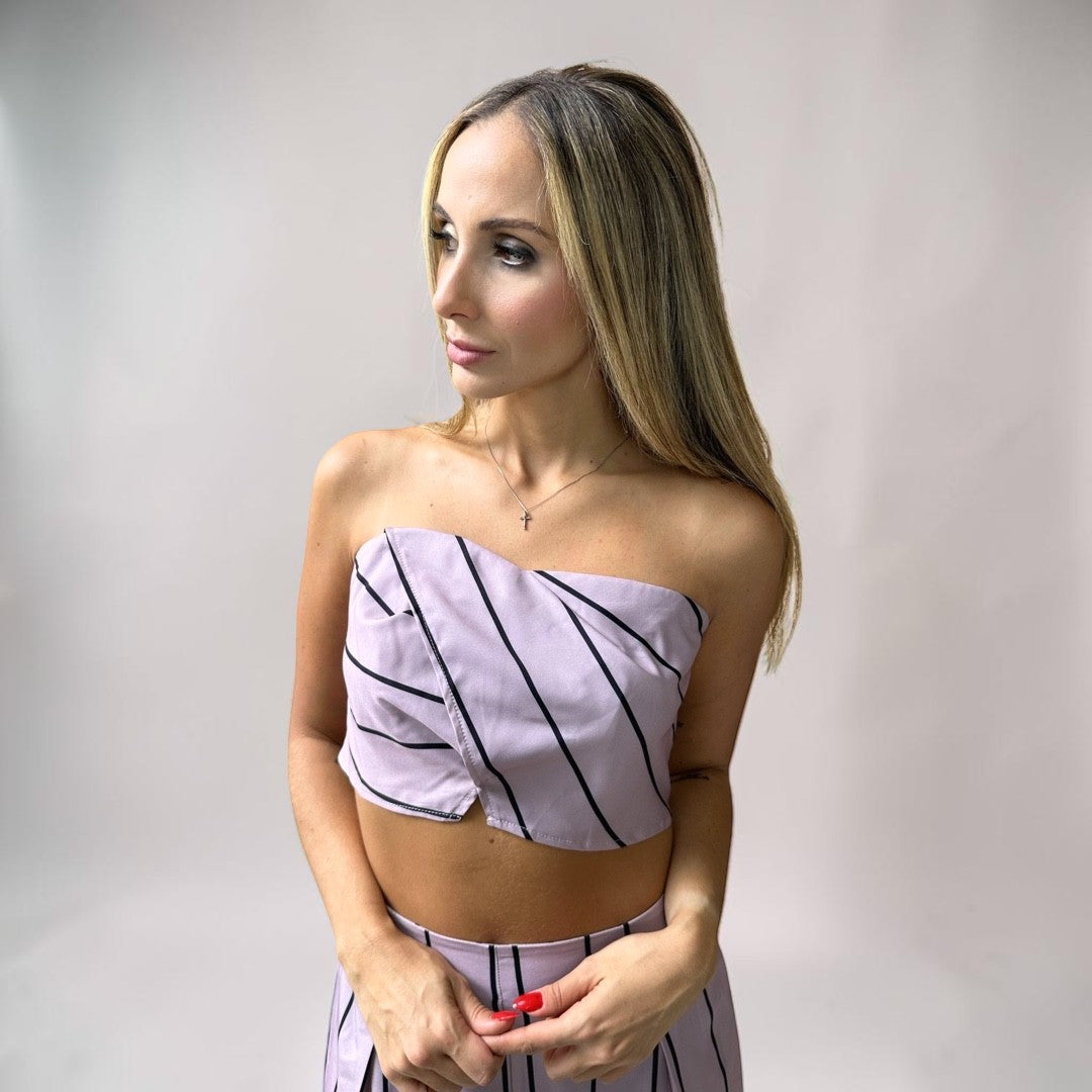 Conjunto Calça e Cropped Alça Liage Listrado Listra Fina Tomara que Caia Rosa Empoeirado Seco e Preto