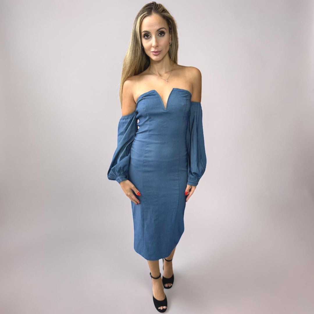 Vestido Liage Midi Liso Tomara que Caia Manga Comprida Jeans Denim Azul Claro