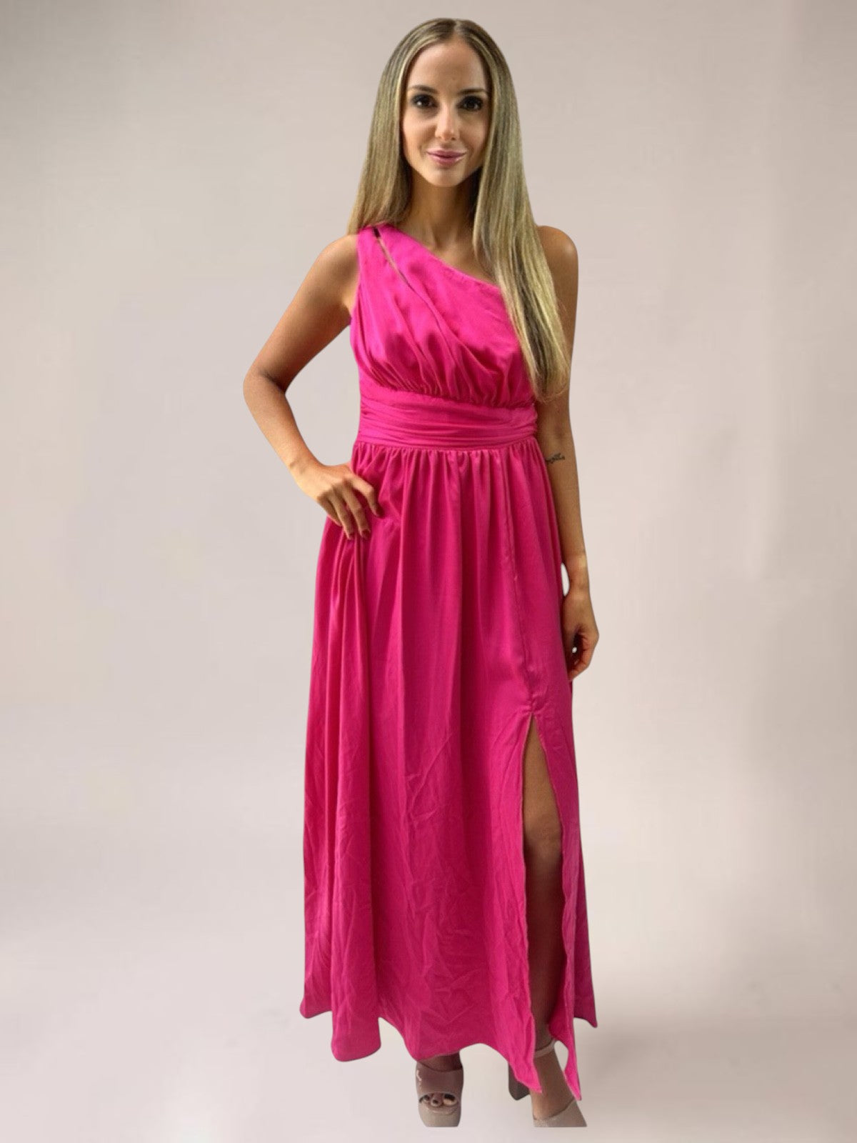 Vestido Liage Longo Festa Casamento Brilho Fenda Um ombro Rosa Choque Pink