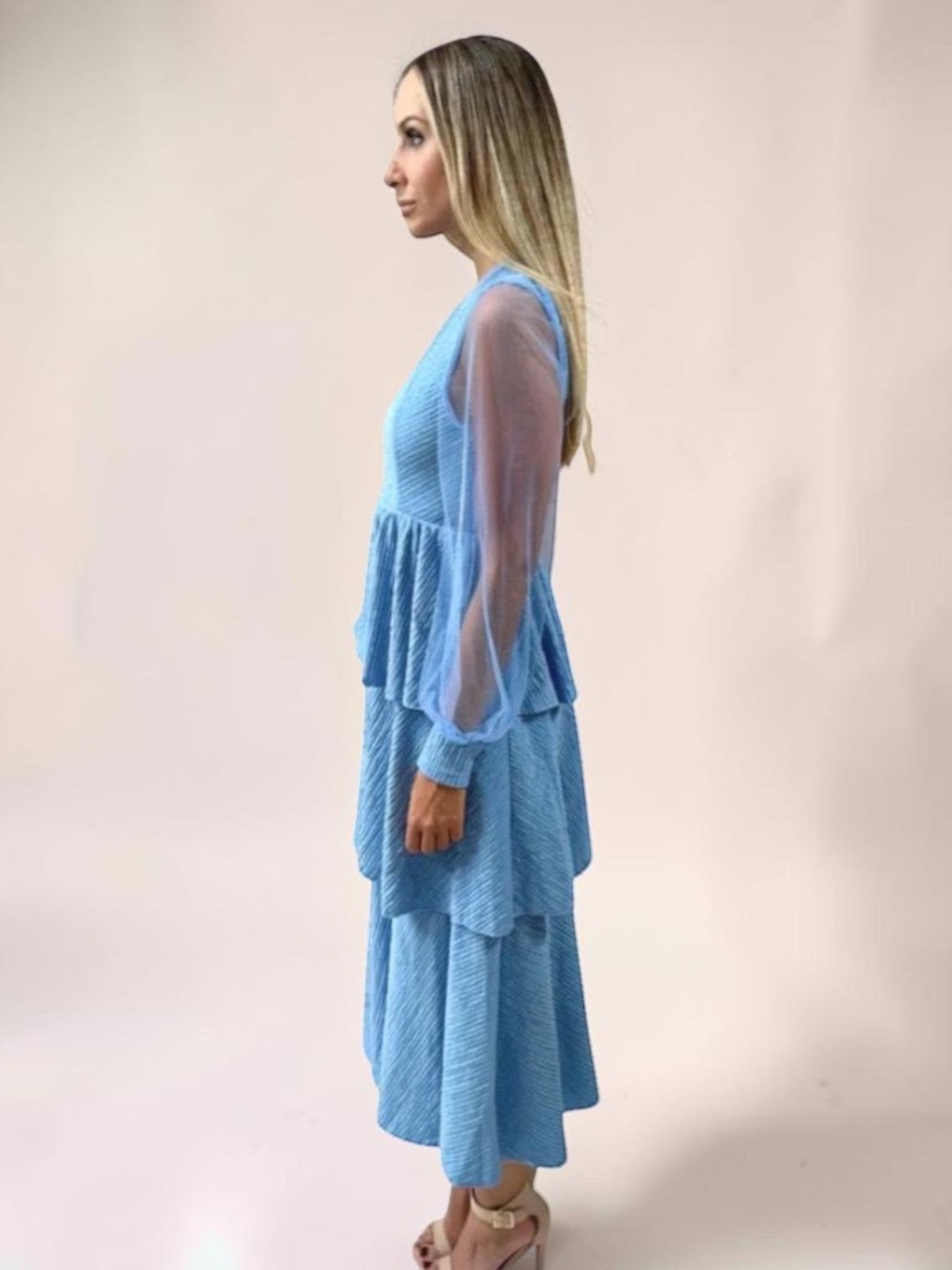 Vestido Liage Midi Longo Festa Liso Um Ombro Manga Comprida Transparência Tule Babado Azul Claro