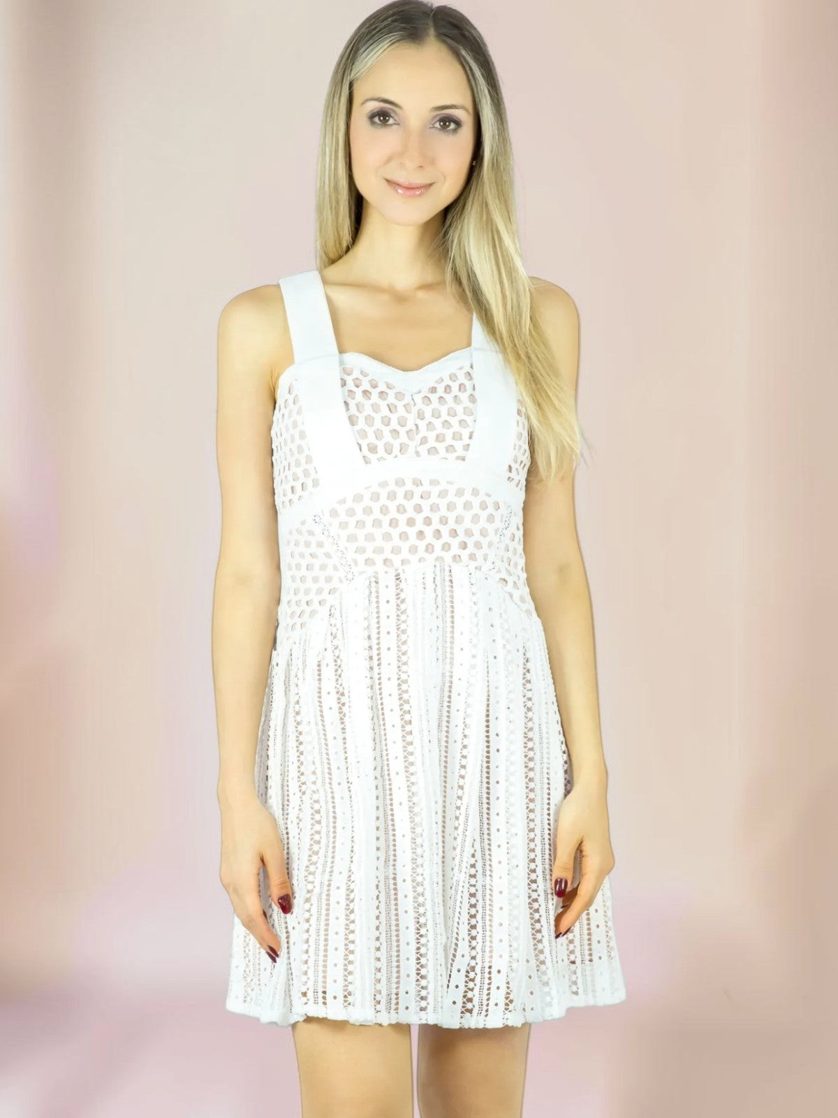 Vestido Liage Curto Alça Recorte Branco e Nude / Bege / Off-White