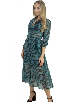 Vestido Liage Midi Estampado Onça Oncinha Animal Print Manga Comprida Botao Gola Decote V Transparencia Verde Preto