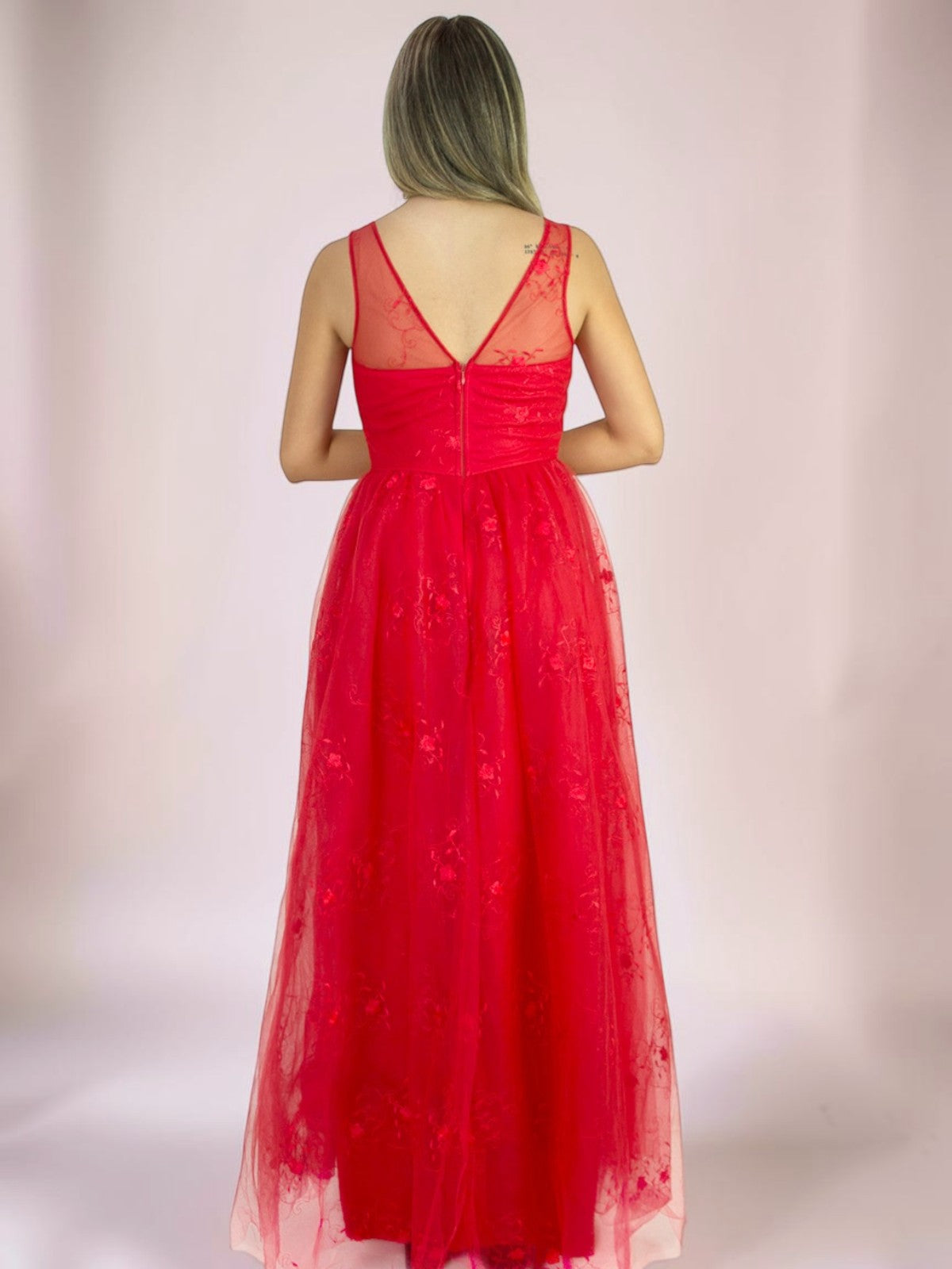 Vestido Longo Liage Babado Tule Bordado Transparência Alça Alcinha Decote V Vermelho