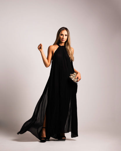 Vestido Longo Liage Saida Praia Frente Unica Decote Costas Drapeado Transparência Preto