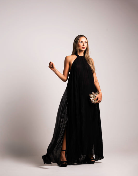 Vestido Longo Liage Saida Praia Frente Unica Decote Costas Drapeado Transparência Preto
