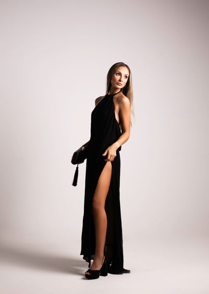 Vestido Longo Liage Saida Praia Frente Unica Decote Costas Drapeado Transparência Preto