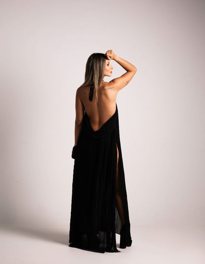 Vestido Longo Liage Saida Praia Frente Unica Decote Costas Drapeado Transparência Preto