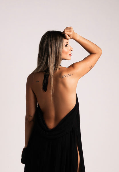 Vestido Longo Liage Saida Praia Frente Unica Decote Costas Drapeado Transparência Preto