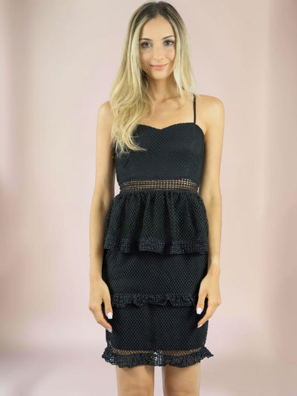 Vestido Liage Curto Festa Liso Renda Babado de Alça Alcinha Tubinho Preto
