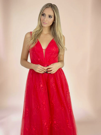 Vestido Longo Liage Babado Tule Bordado Transparência Alça Alcinha Decote V Vermelho