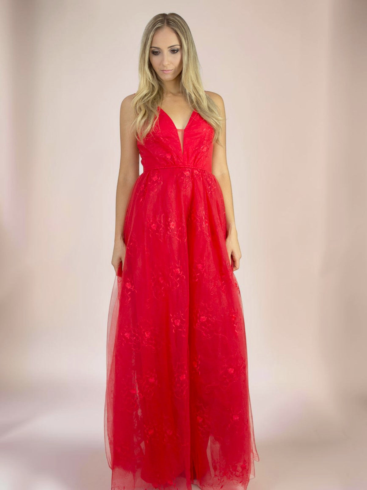 Vestido Longo Liage Babado Tule Bordado Transparência Alça Alcinha Decote V Vermelho