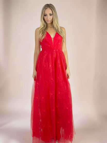 Vestido Longo Liage Babado Tule Bordado Transparência Alça Alcinha Decote V Vermelho