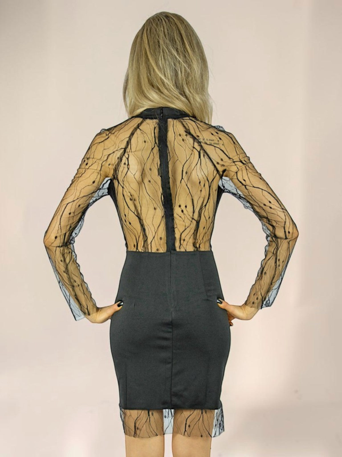 Vestido Liage Curto Liso Festa Manga Comprida Decote Renda Transparência Preto