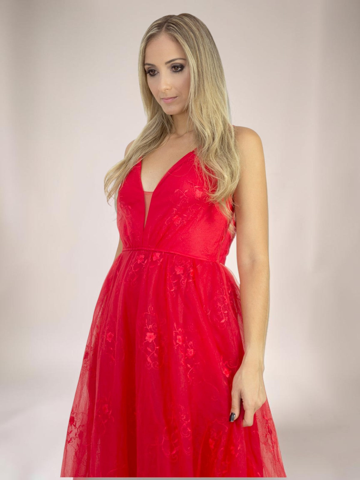 Vestido Longo Liage Babado Tule Bordado Transparência Alça Alcinha Decote V Vermelho