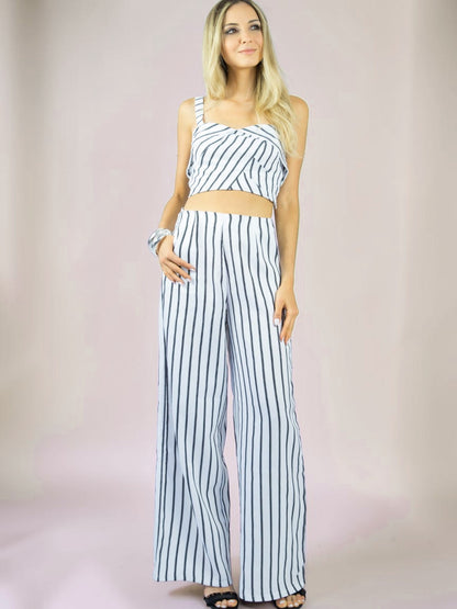 Conjunto Calça e Cropped Alça Liage Listrado Listra Fina Branco e Preto