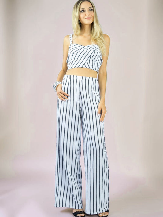 Conjunto Calça e Cropped Alça Liage Listrado Listra Fina Branco e Preto