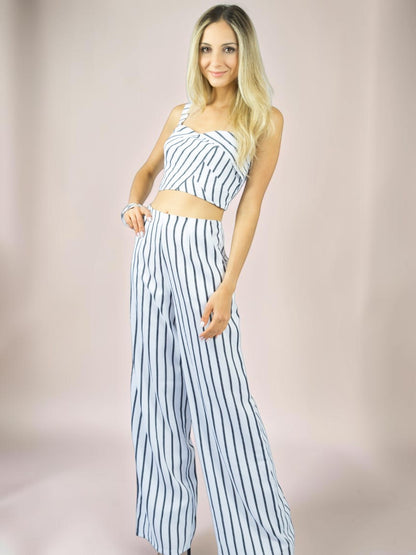 Conjunto Calça e Cropped Alça Liage Listrado Listra Fina Branco e Preto