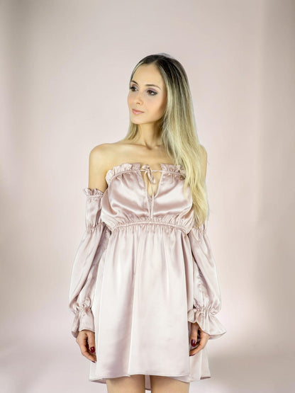 Vestido Liage Curto Ombro a Ombro Manga Comprida Cetim Rosa Claro/ Rosa Antigo Cintilante