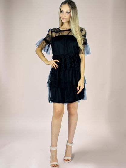 Vestido Liage Curto Liso Manga Curta Renda Tule Babado Transparência Preto