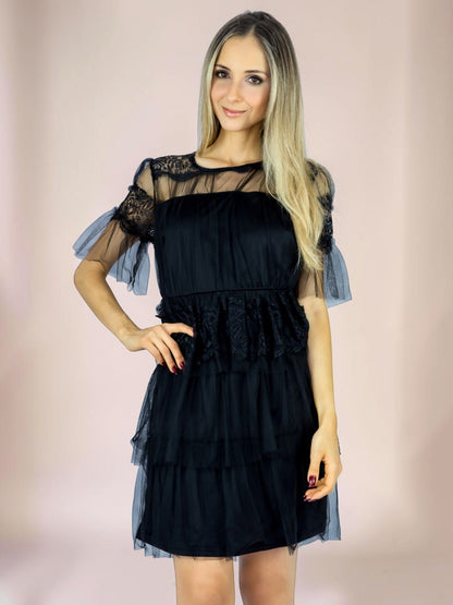 Vestido Liage Curto Liso Manga Curta Renda Tule Babado Transparência Preto