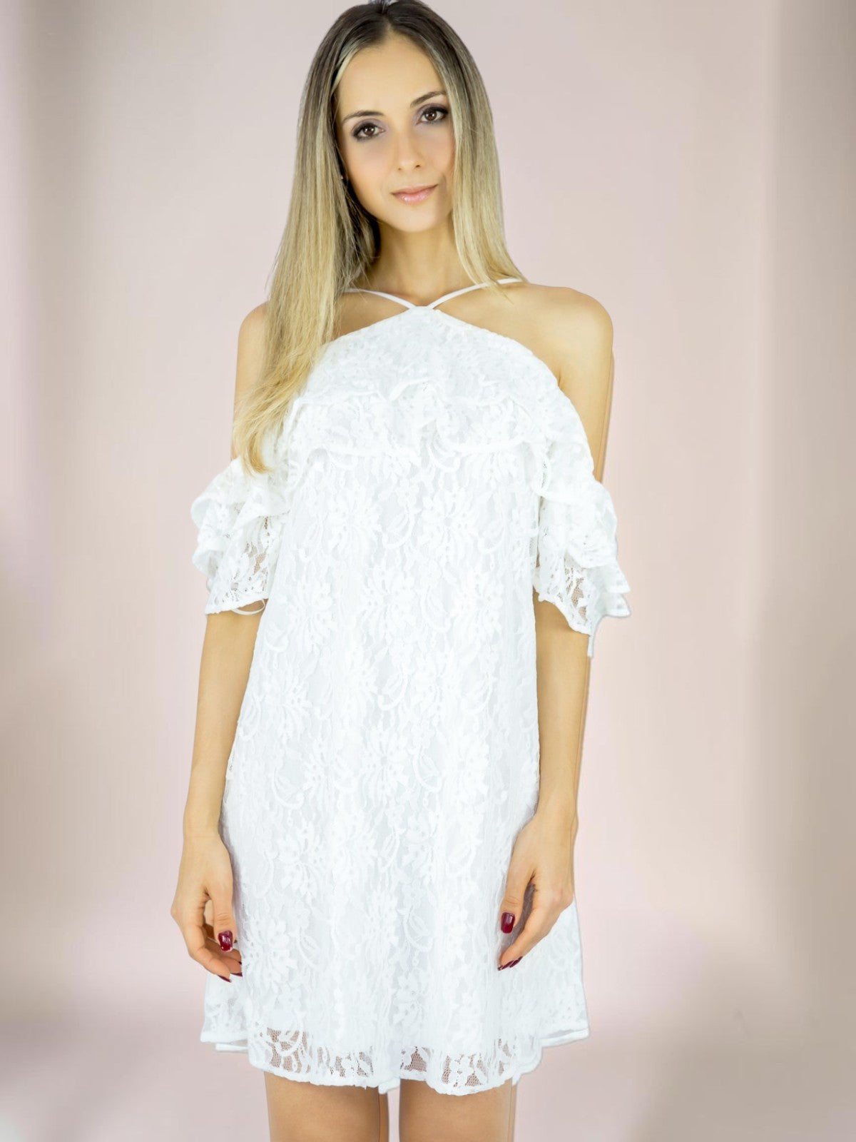 Vestido Liage Curto Renda Ciganinha Alcinha Transparência Off White / Branco