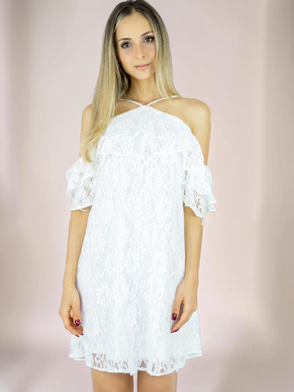Vestido Liage Curto Renda Ciganinha Alcinha Transparência Off White / Branco
