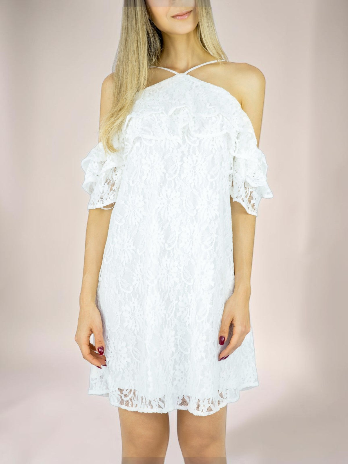 Vestido Liage Curto Renda Ciganinha Alcinha Transparência Off White / Branco