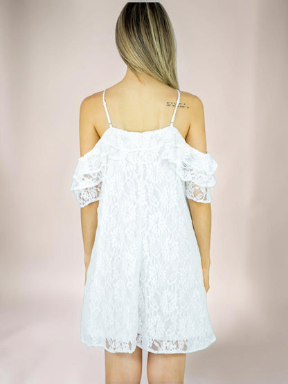 Vestido Liage Curto Renda Ciganinha Alcinha Transparência Off White / Branco