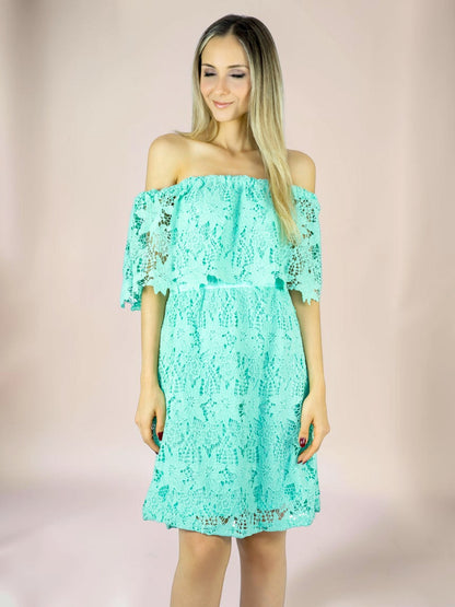 Vestido Liage Curto Liso Ombro a Ombro Ciganinha Renda Crochê Azul Verde Água