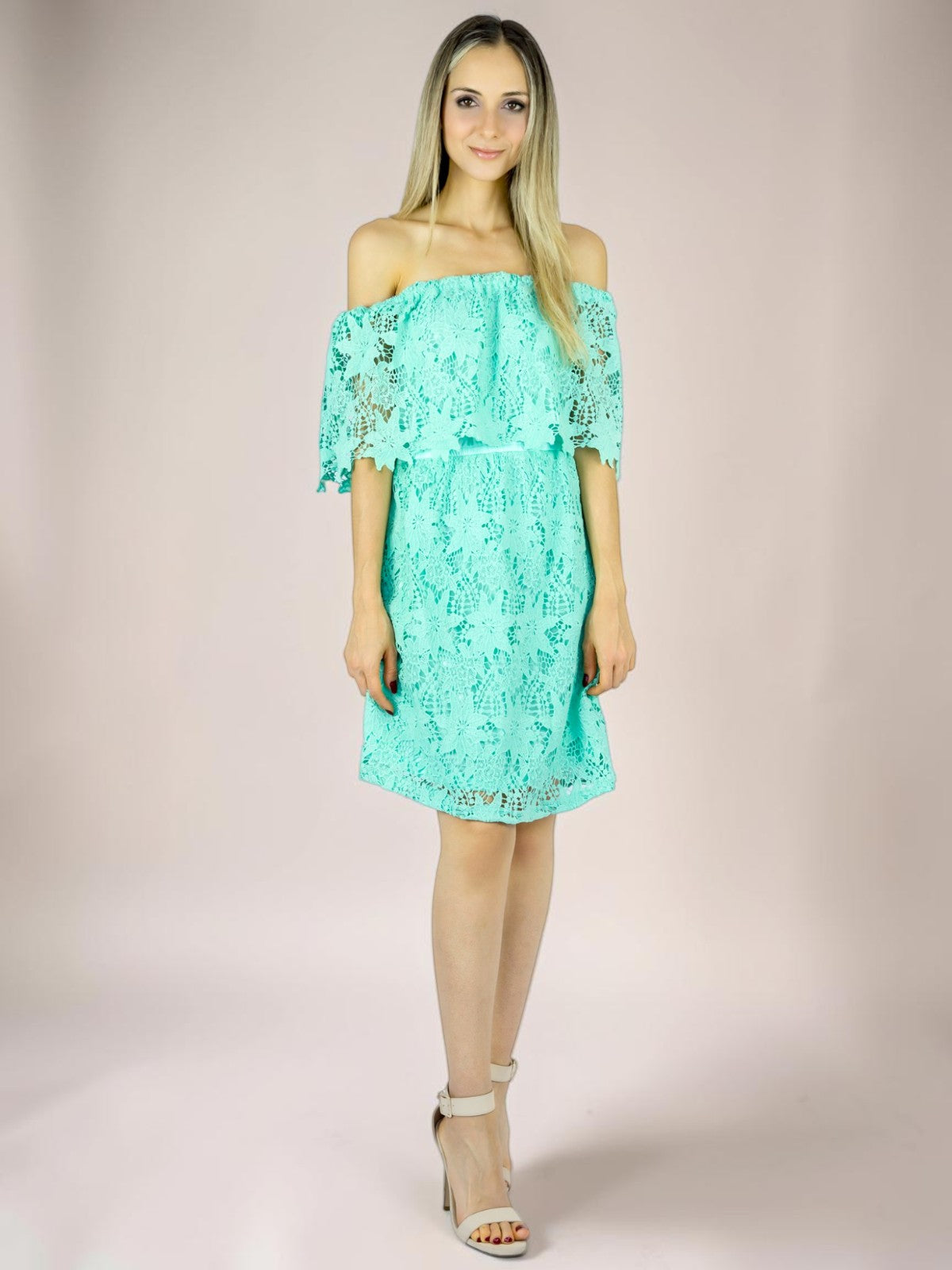 Vestido Liage Curto Liso Ombro a Ombro Ciganinha Renda Crochê Azul Verde Água