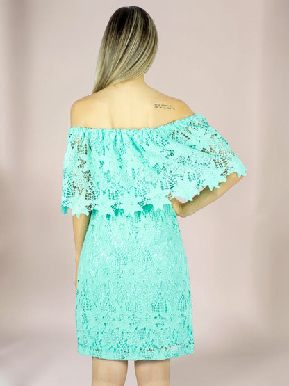 Vestido Liage Curto Liso Ombro a Ombro Ciganinha Renda Crochê Azul Verde Água