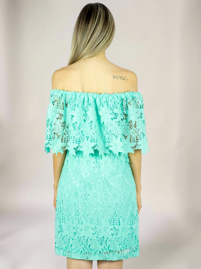 Vestido Liage Curto Liso Ombro a Ombro Ciganinha Renda Crochê Azul Verde Água