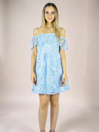 Vestido Liage Curto Liso Ombro a Ombro Ciganinha Renda Crochê Azul Claro / Azul Bebe