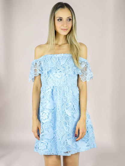 Vestido Liage Curto Liso Ombro a Ombro Ciganinha Renda Crochê Azul Claro / Azul Bebe