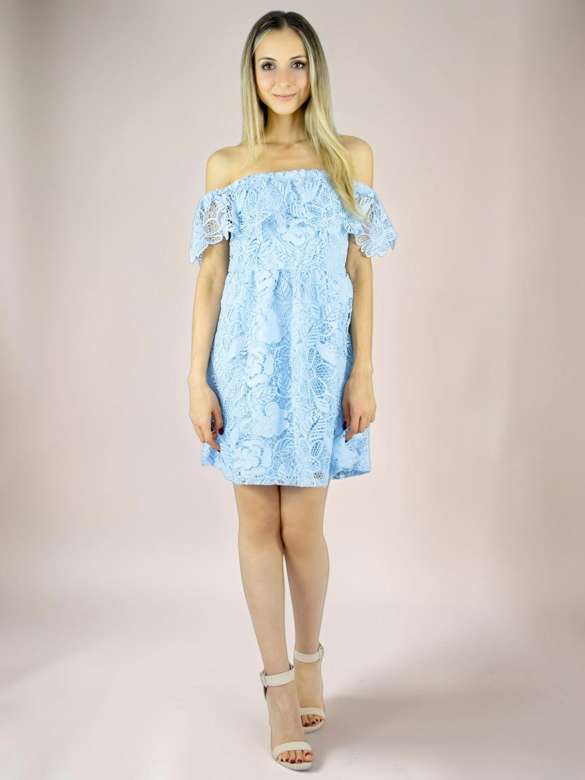 Vestido Liage Curto Liso Ombro a Ombro Ciganinha Renda Crochê Azul Claro / Azul Bebe