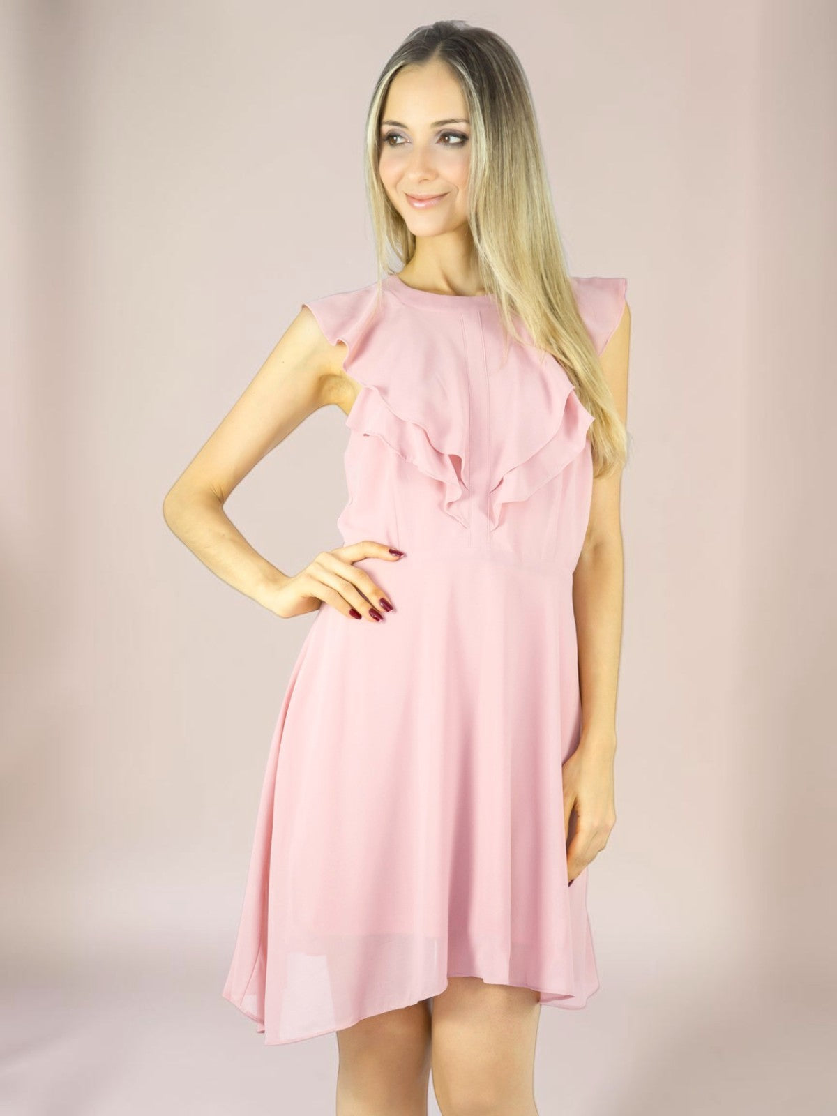 Vestido Liage Curto Liso Chiffon Babado Transparência Rosa Claro / Rosa Seco Antigo