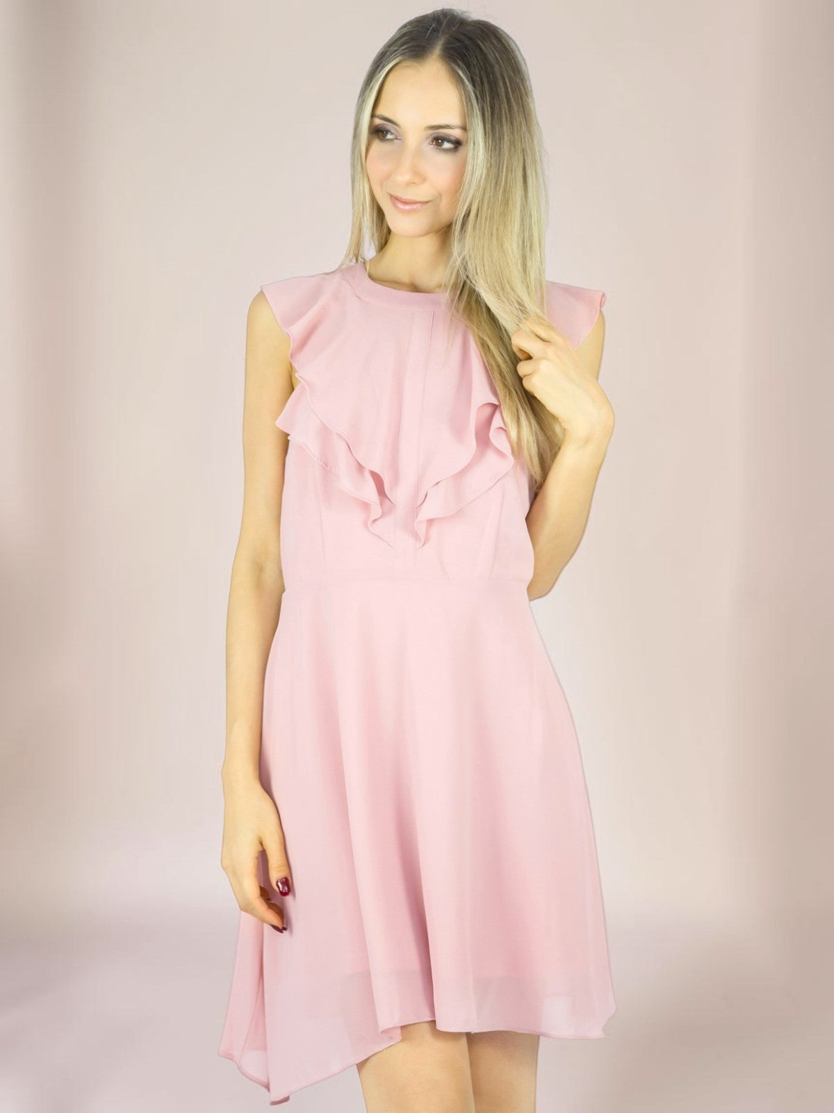 Vestido Liage Curto Liso Chiffon Babado Transparência Rosa Claro / Rosa Seco Antigo