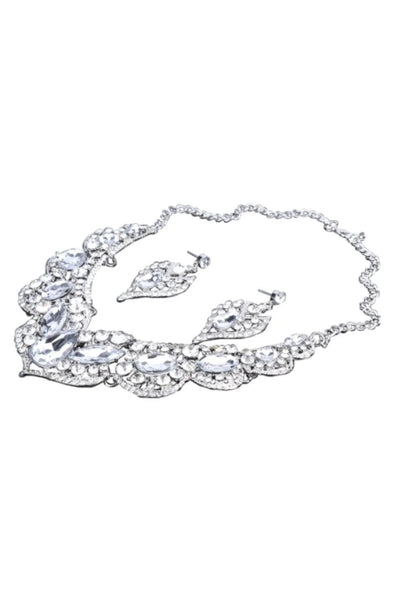 Conjunto Brinco e Colar Festa Liage Pedraria Pedras Cristais Strass Branco e Metal Prata