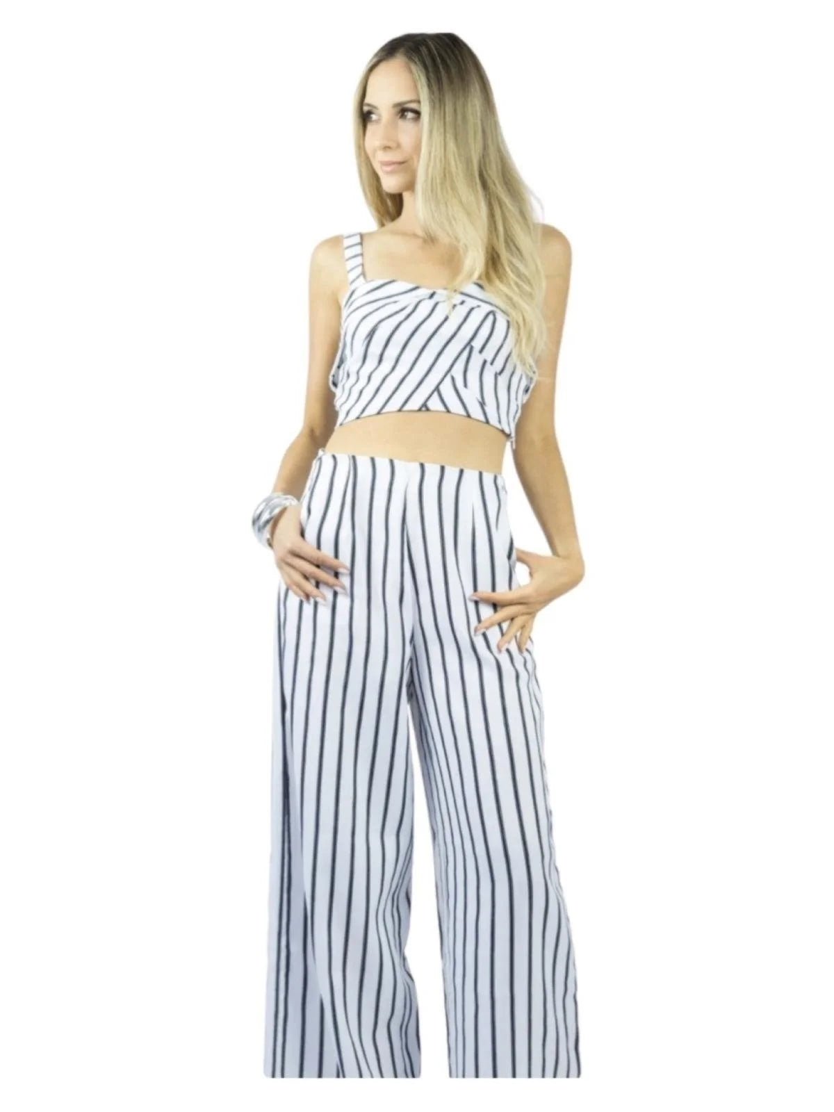 Conjunto Calça e Cropped Alça Liage Listrado Listra Fina Branco e Preto