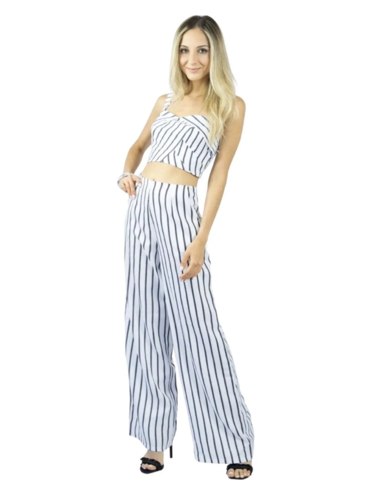 Conjunto Calça e Cropped Alça Liage Listrado Listra Fina Branco e Preto