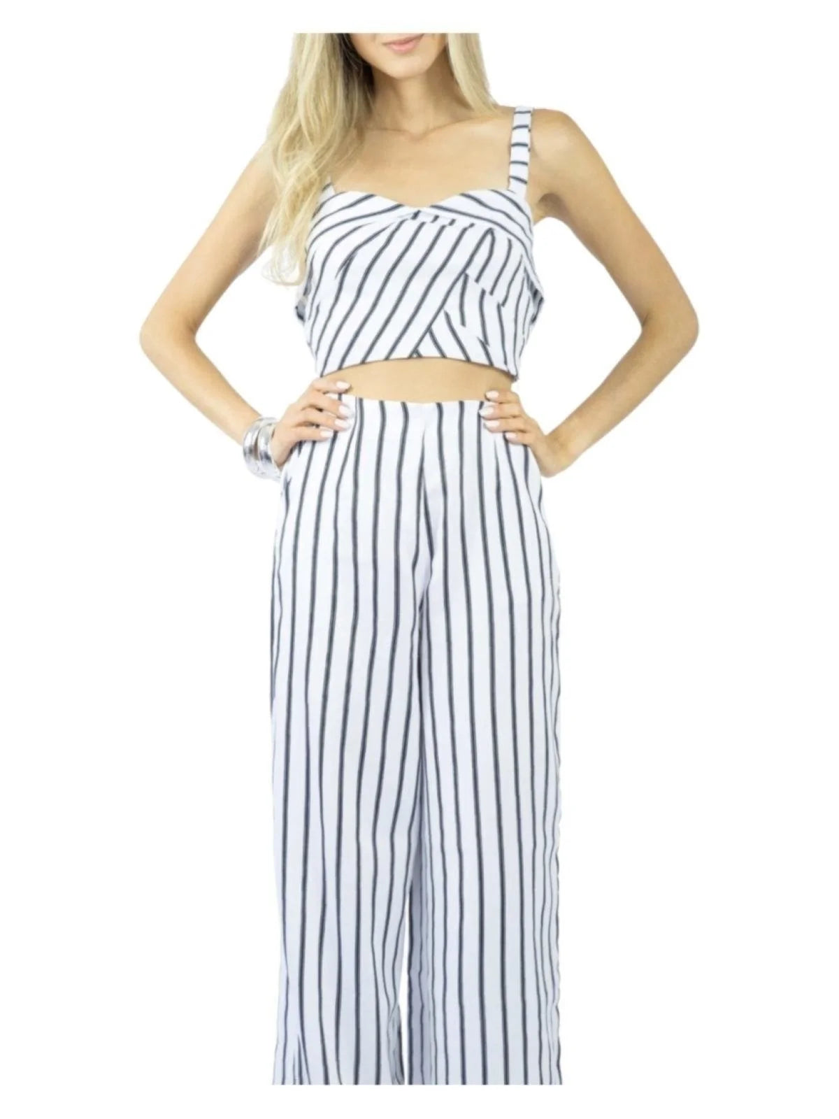 Conjunto Calça e Cropped Alça Liage Listrado Listra Fina Branco e Preto