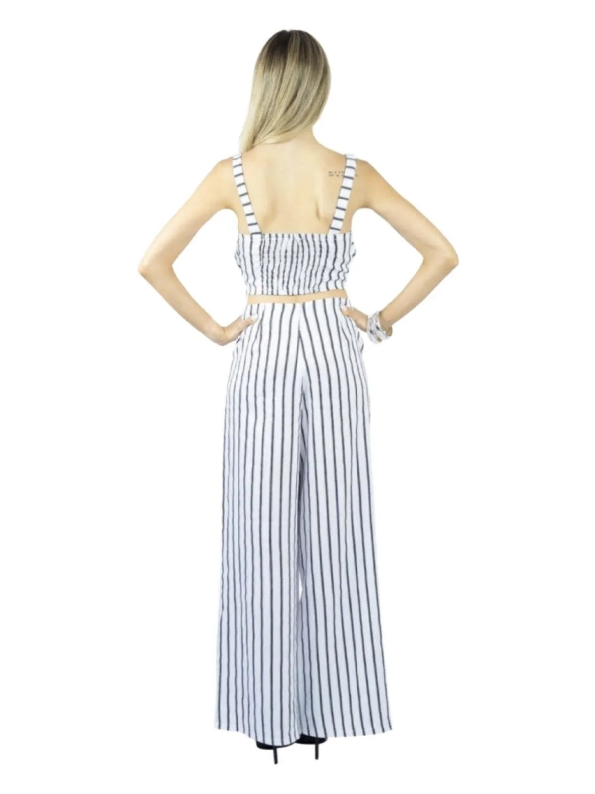 Conjunto Calça e Cropped Alça Liage Listrado Listra Fina Branco e Preto