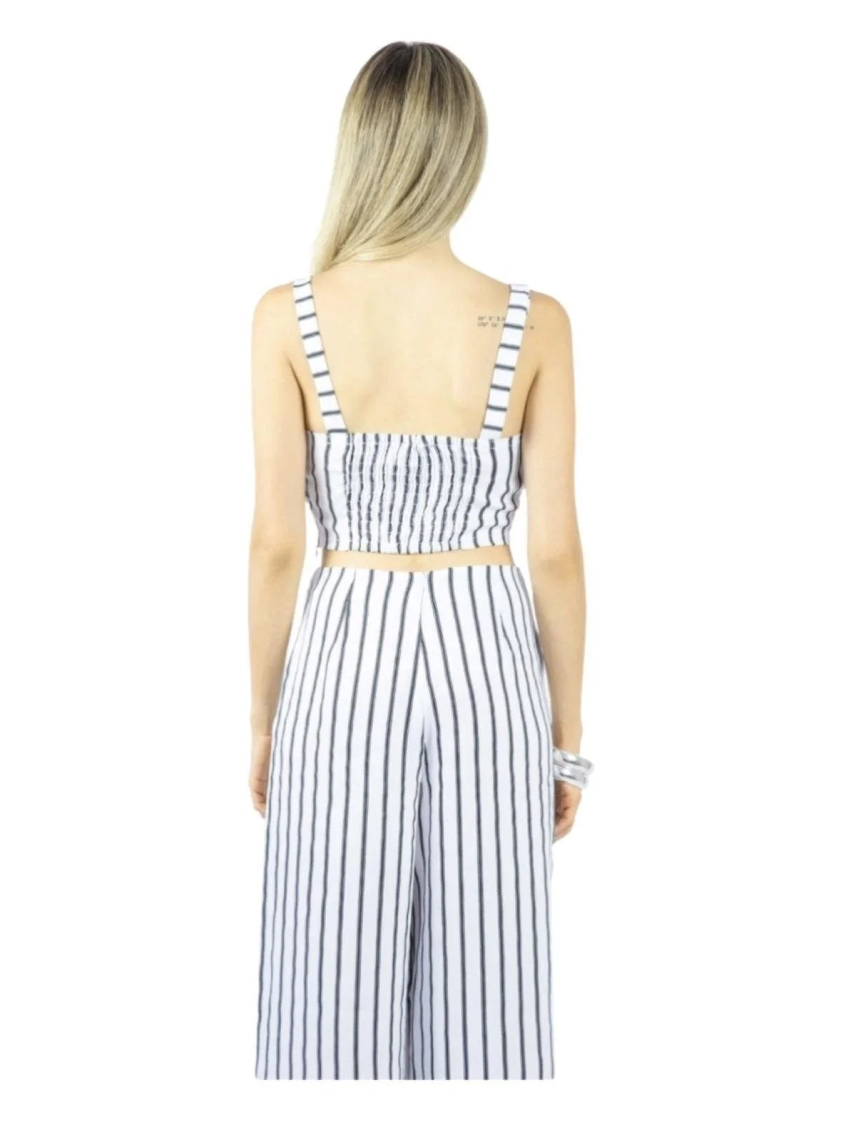 Conjunto Calça e Cropped Alça Liage Listrado Listra Fina Branco e Preto