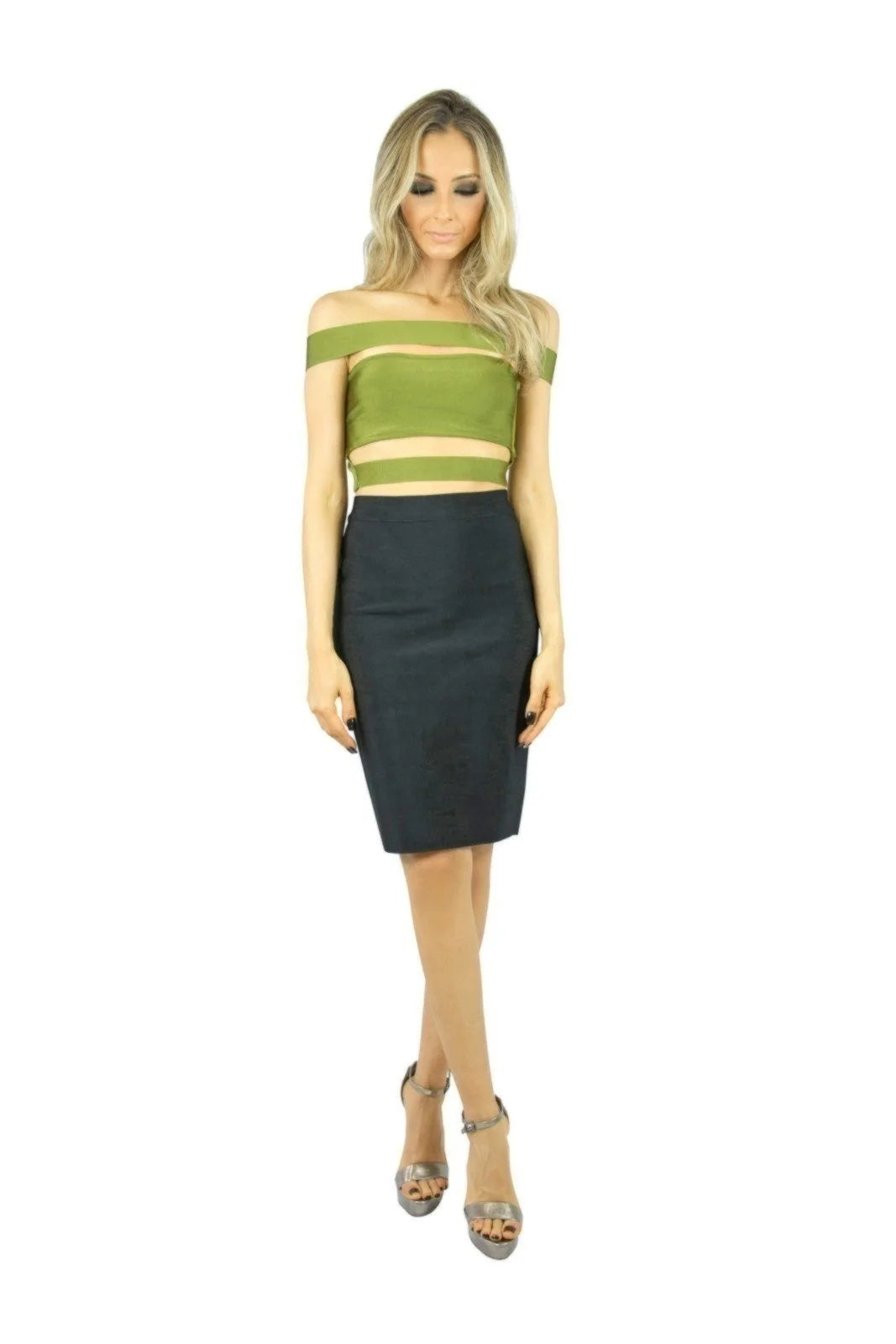 Cropped Liage Bandagem Bandage Ombro a Ombro Verde Escuro Militar