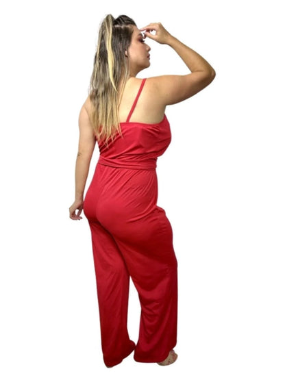 Macacão Liage Liso Alcinha Alça Decote V Cinto Faixa Plus Size Vermelho