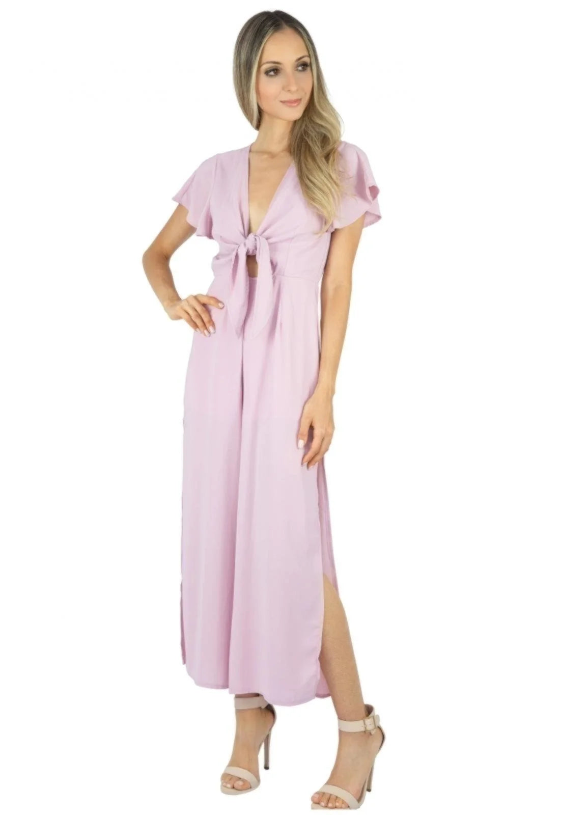 Macacão Liage Liso Pantacourt Manga Curta Decote Laço Fenda Lateral Transparencia Babado Chiffon Rosa Claro