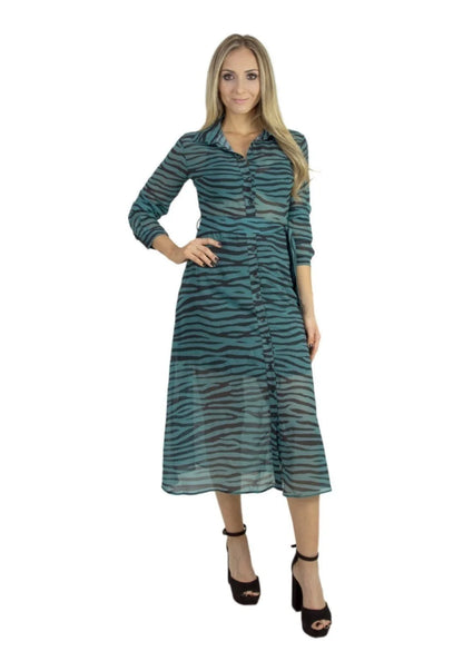 Vestido Liage Midi Estampado Onça Oncinha Animal Print Manga Comprida Botao Gola Decote V Transparencia Verde Preto