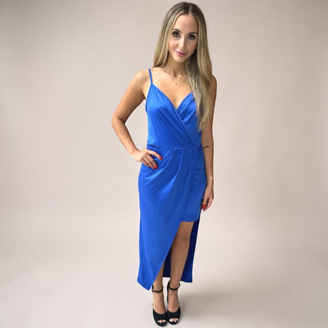 Vestido Liage Longo Liso Festa Metalizado Cetim Brilho Alça Alcinha Fenda Azul Celeste